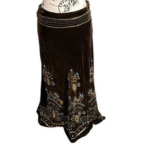 Carole Little Velvet Beaded Bohemian Long Skirt Soft-Drape Brown Turquoise Art 8